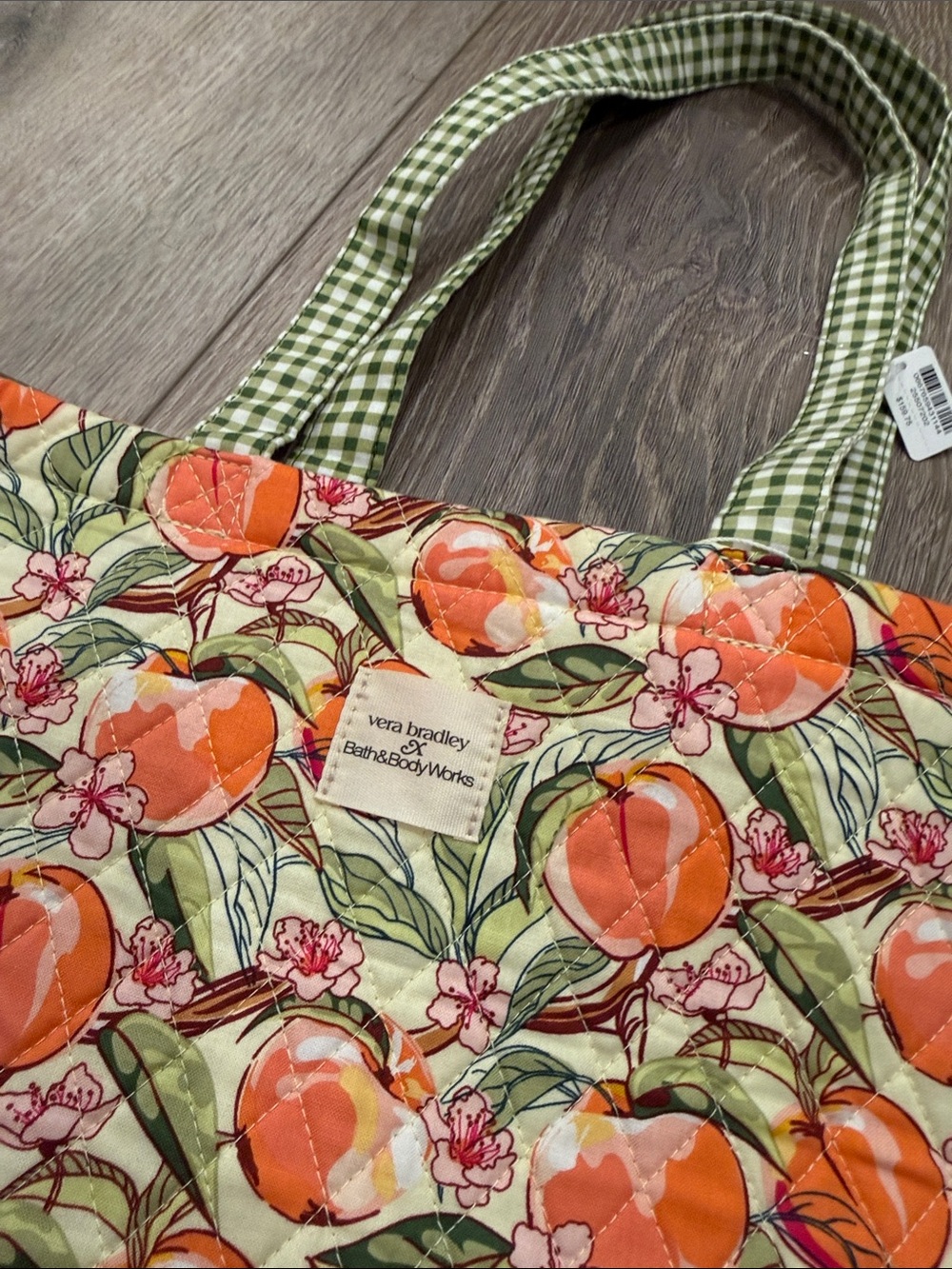 Vera Bradley Orange Peach Print Tote with Green Gingham Trim - Picture 3 of 5